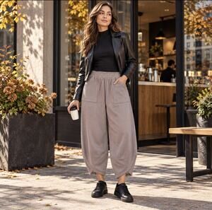 Women’s L Mocha Waffle Knit Lantern Pants Tulip Hems Patch Pockets Elastic Waist